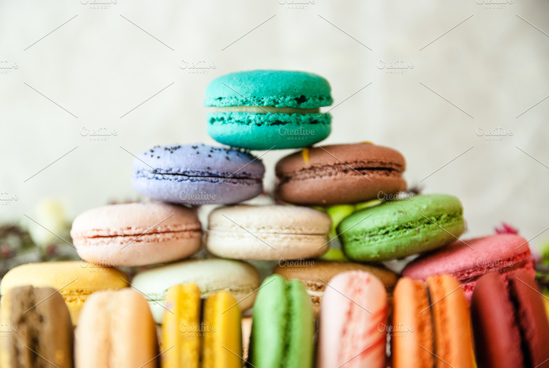 Colorful macarons featuring macaron, dessert, and pastry, a Food & Drink Photo by preetim