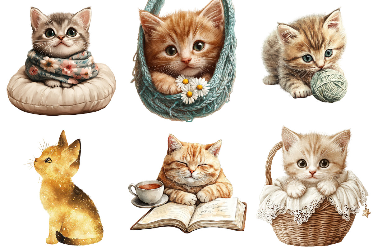 Cat & Kitten Watercolor Clipart, an Illustration by Watercolor design (Photo 3 of 4)