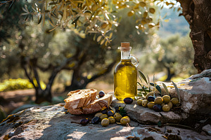 homemade bread and a bottle of olive