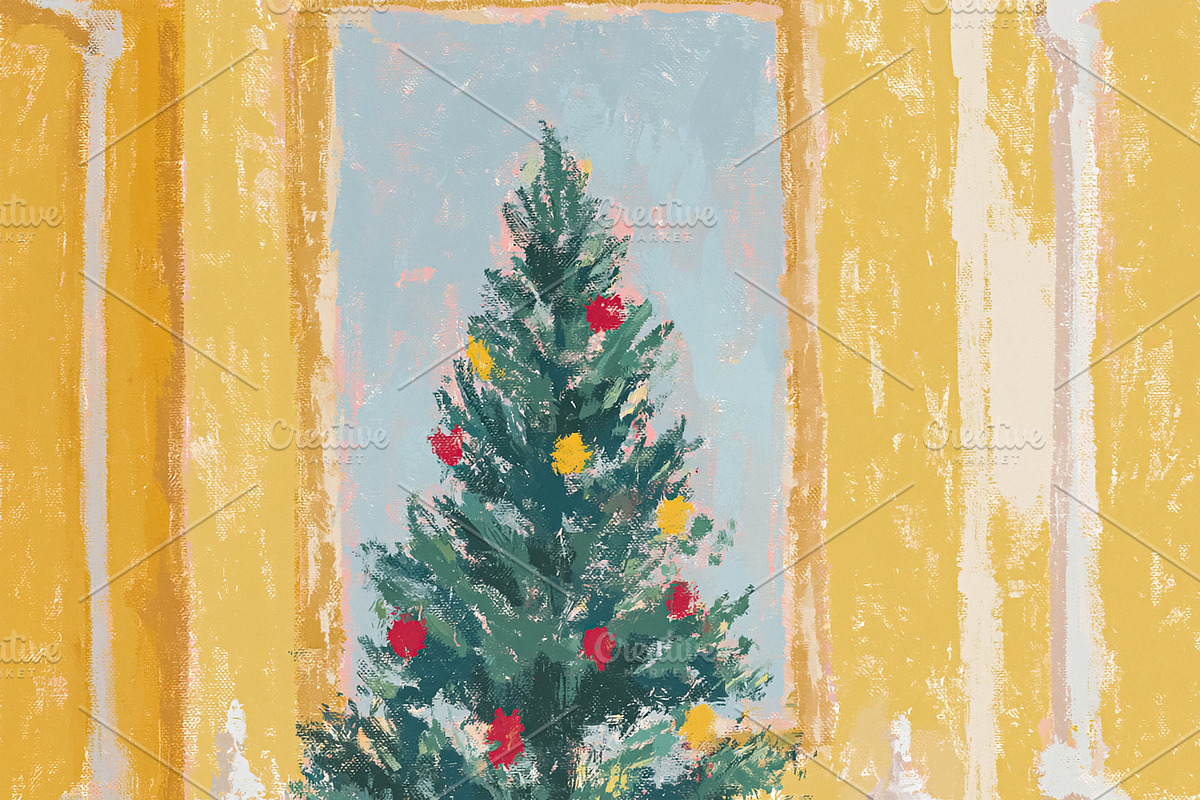 Cozy Christmas tree decorating an elegant living room with a pin, a Decorative Illustration by Studio ANNA