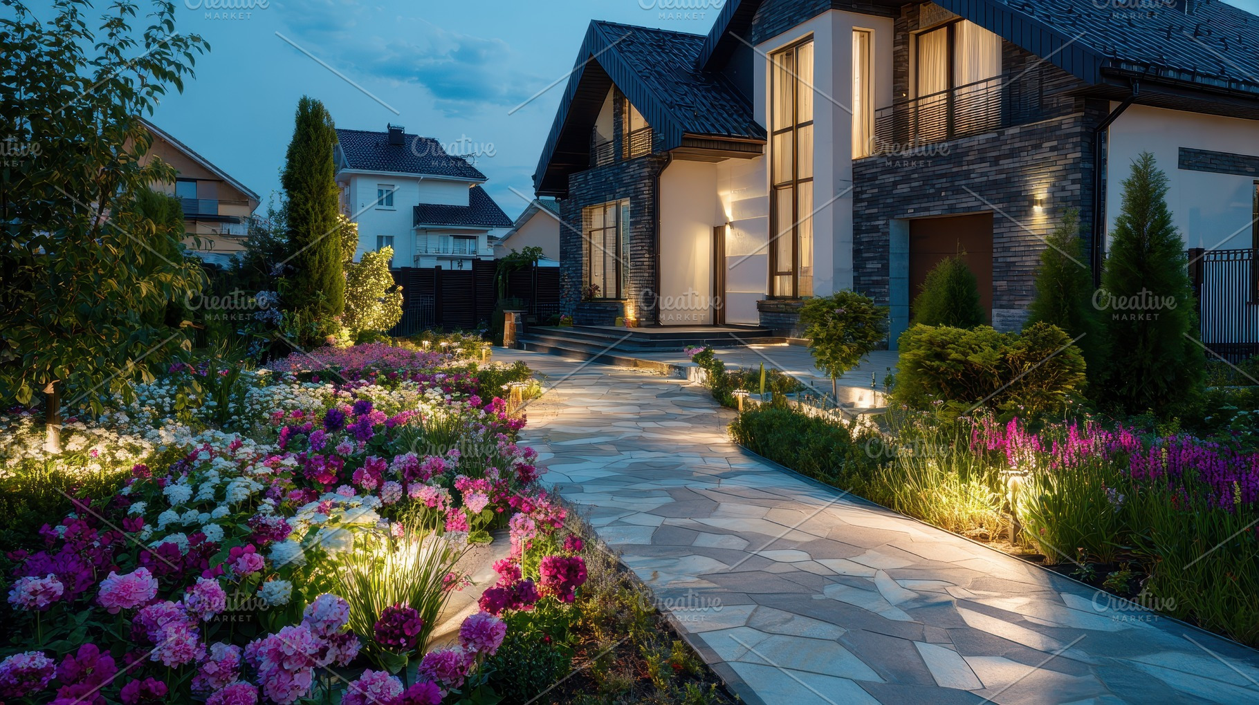 Beautifully lit garden pathway, a Photo by Pavel_design