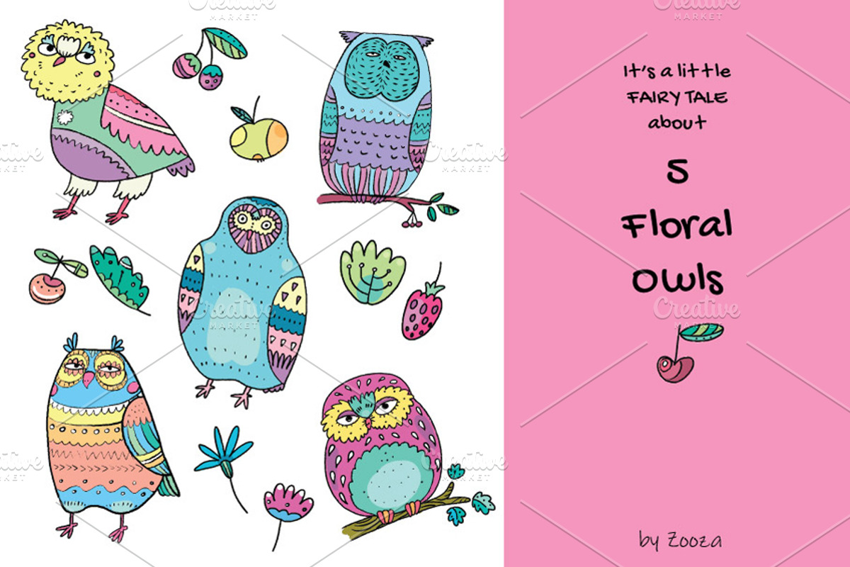 Floral Owls - 55 objects, an Illustration by Zooza Art (Photo 3 of 14)