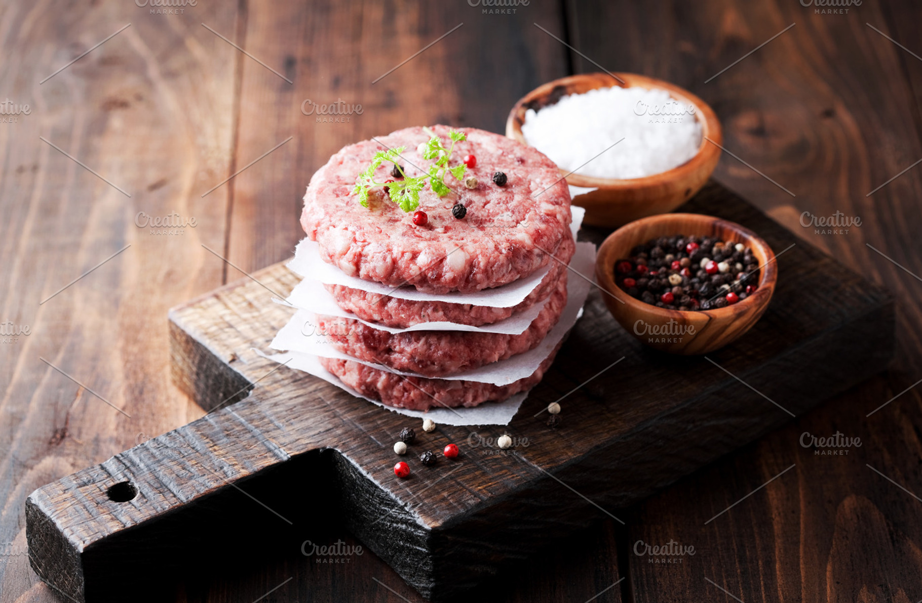 Raw ground beef meat burger steak cutlets featuring backgrounds, beef, and, a Food & Drink Photo by Y. A. Photo
