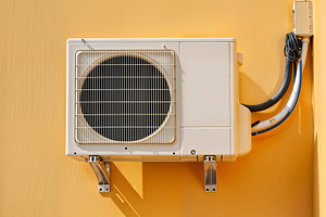 Air conditioning unit on yellow wall, a Photo by rarrarorro