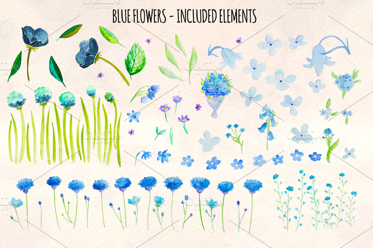 95 Blue Flower Watercolor Bundle, a Seasonal Illustration by Violet LeBeaux (Photo 2 of 3)