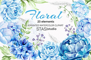 Blue Floral Watercolor Elements