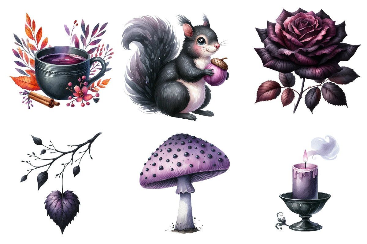 Black & Purple Autumn Clipart, an Illustration by Watercolor design (Photo 2 of 4)