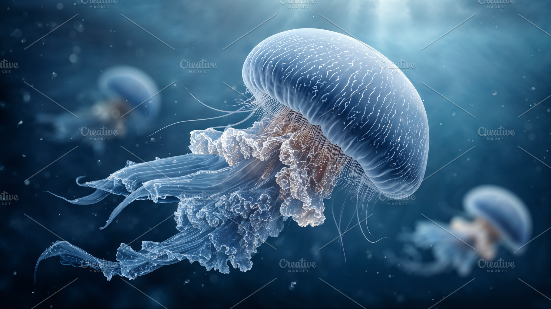 Majestic jellyfish floating in deep ocean waters at dusk, an Animal Photo by OSORIOartist