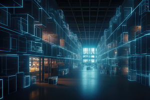 Futuristic Technology Retail Warehouse , modern warehouse storage of retail sho