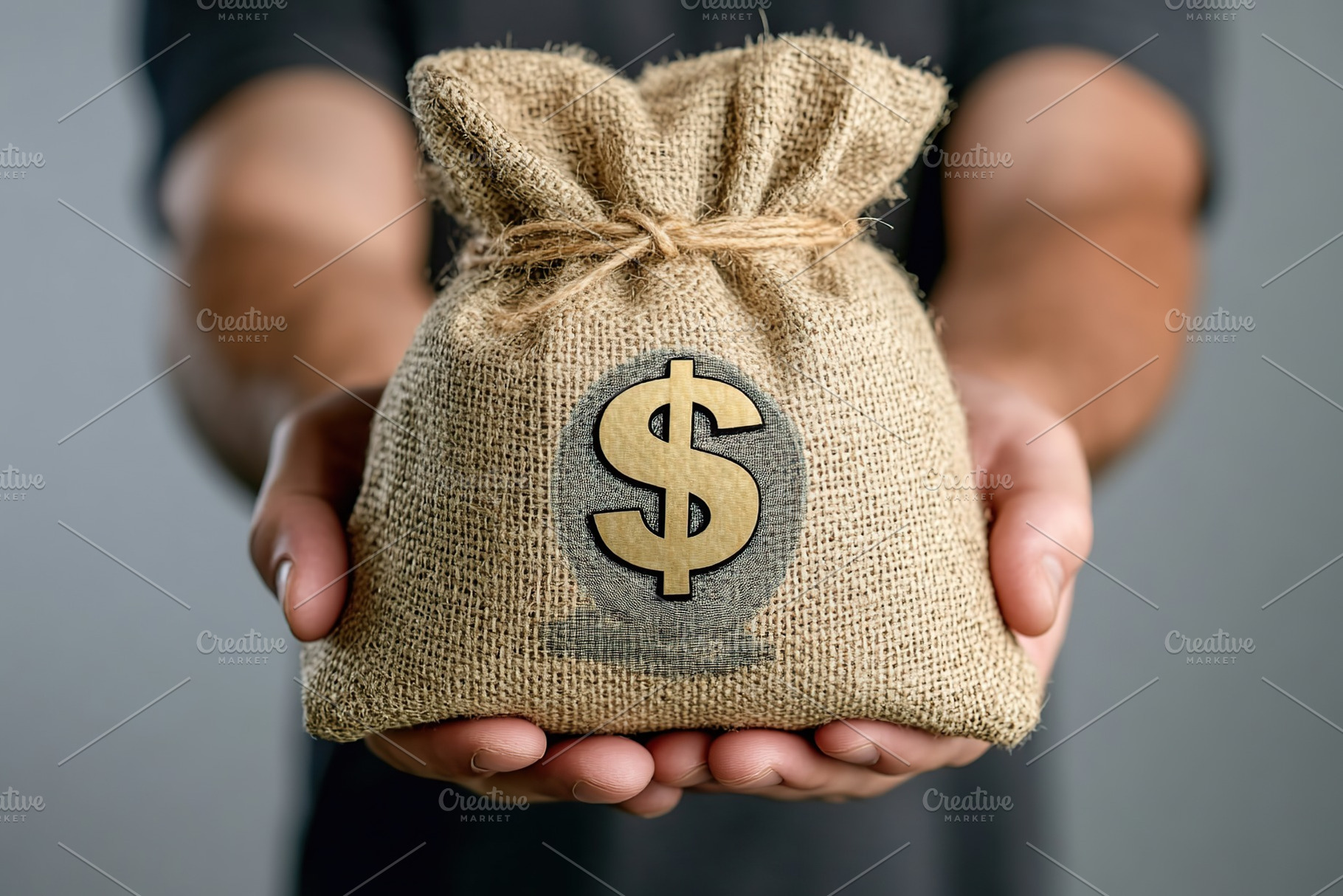 Male hands holding burlap bag with dollar symbol and banknotes on grey backgrou, a Business Photo by AlyaAnd