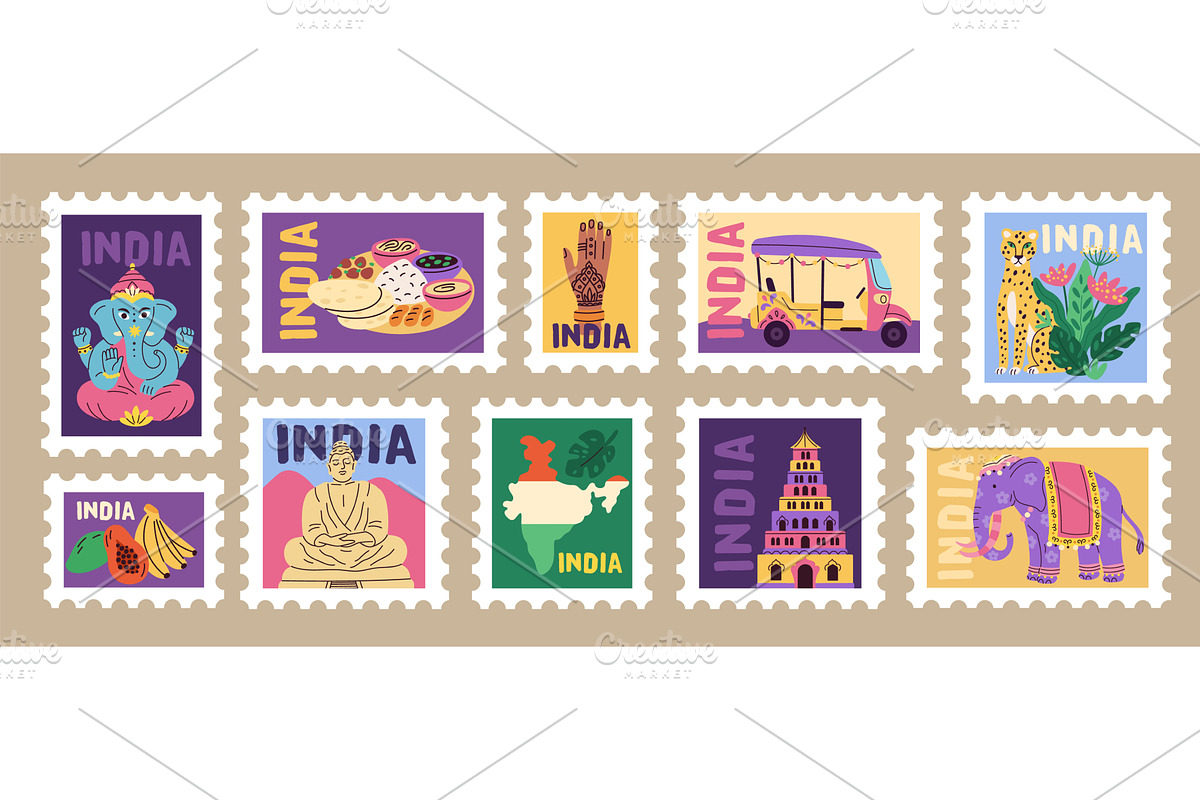 India travel cards. Postage stamps, an Object Illustration by YummyBuum
