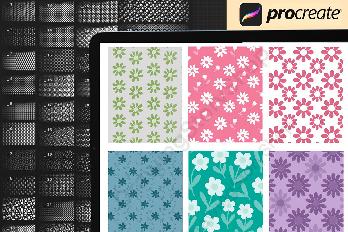 100 Flower Patterns Procreate brushe, a Brush Add-On by DrawingStoryShop