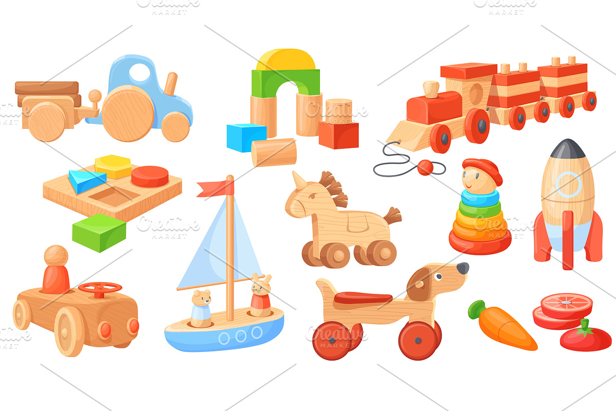Cartoon wooden toys. Children wood, an Illustration by Stock-Smart-Start
