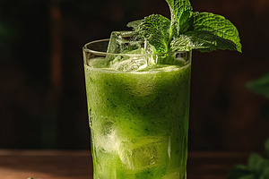 Refreshing detox green drink served in a tall glass with mint garnish, a Food & Drink Photo by AlyaAnd