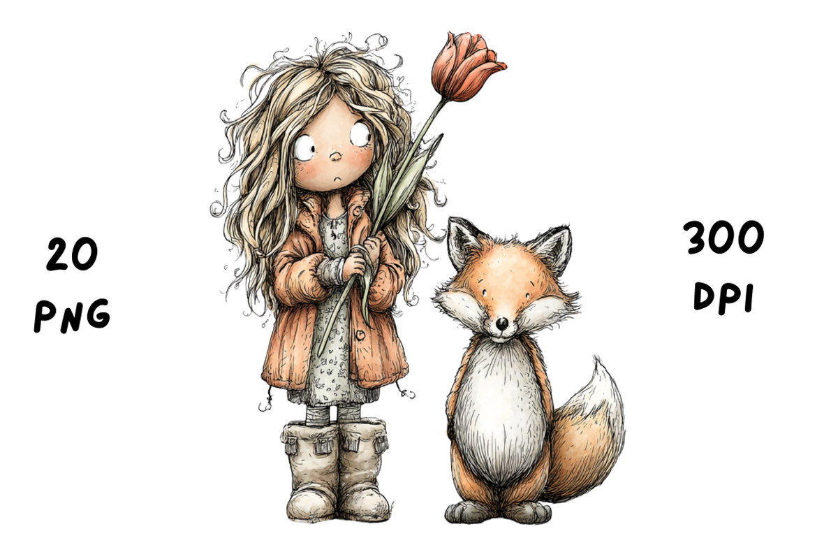 Whimsical Floral Girl & Fox Clipart, an Animal Illustration by GiraffeCreative (Photo 5 of 20)