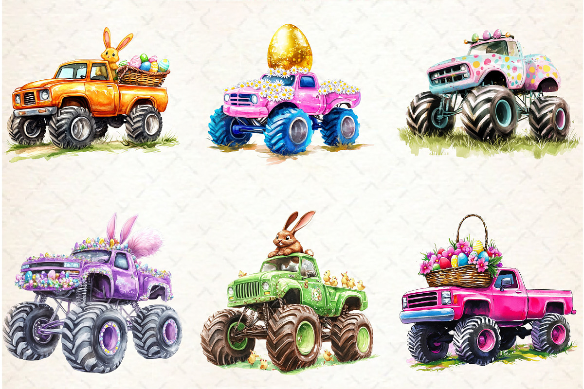 Easter Monster Truck Clipart Bundle, an Illustration by Watercolor design (Photo 3 of 4)
