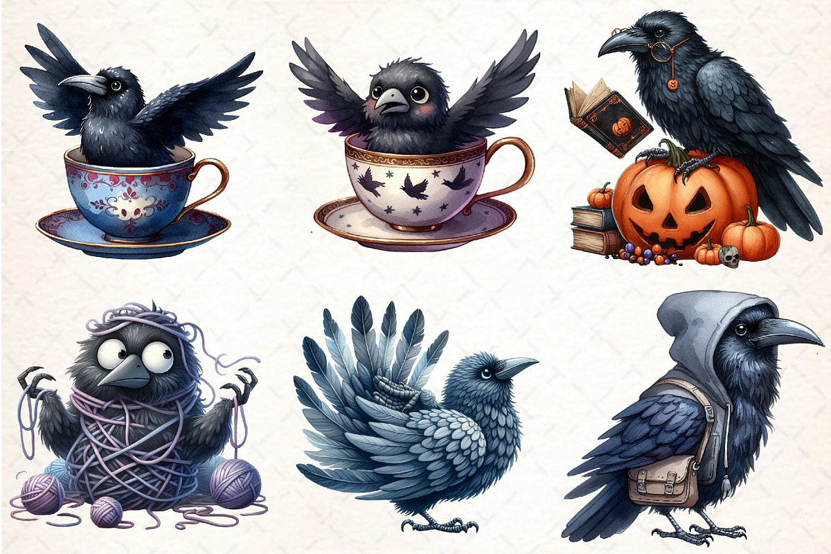 Watercolor Crow Clipart, Funny Raven, an Illustration by DreamCafeArt (Photo 2 of 7)