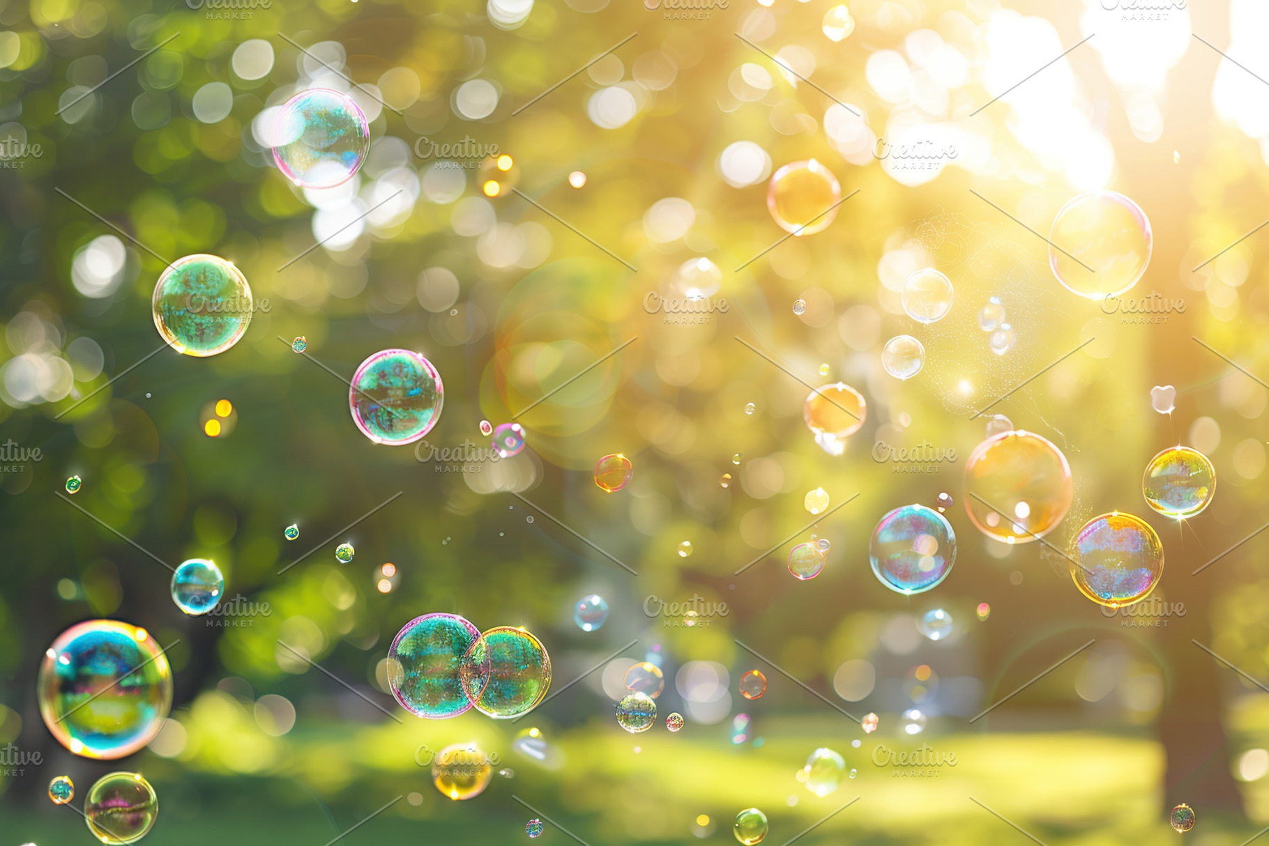 Rainbow soap bubbles on blurred green background, a Photo by AlyaAnd