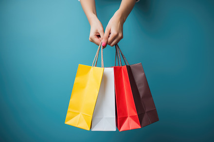 Woman hand holding colorful shopping, a Photo by Iftikhar Alam