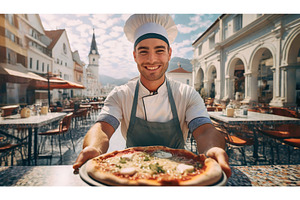 A cheerful chef presenting a freshly, an Architecture Photo by Igor Tichonow