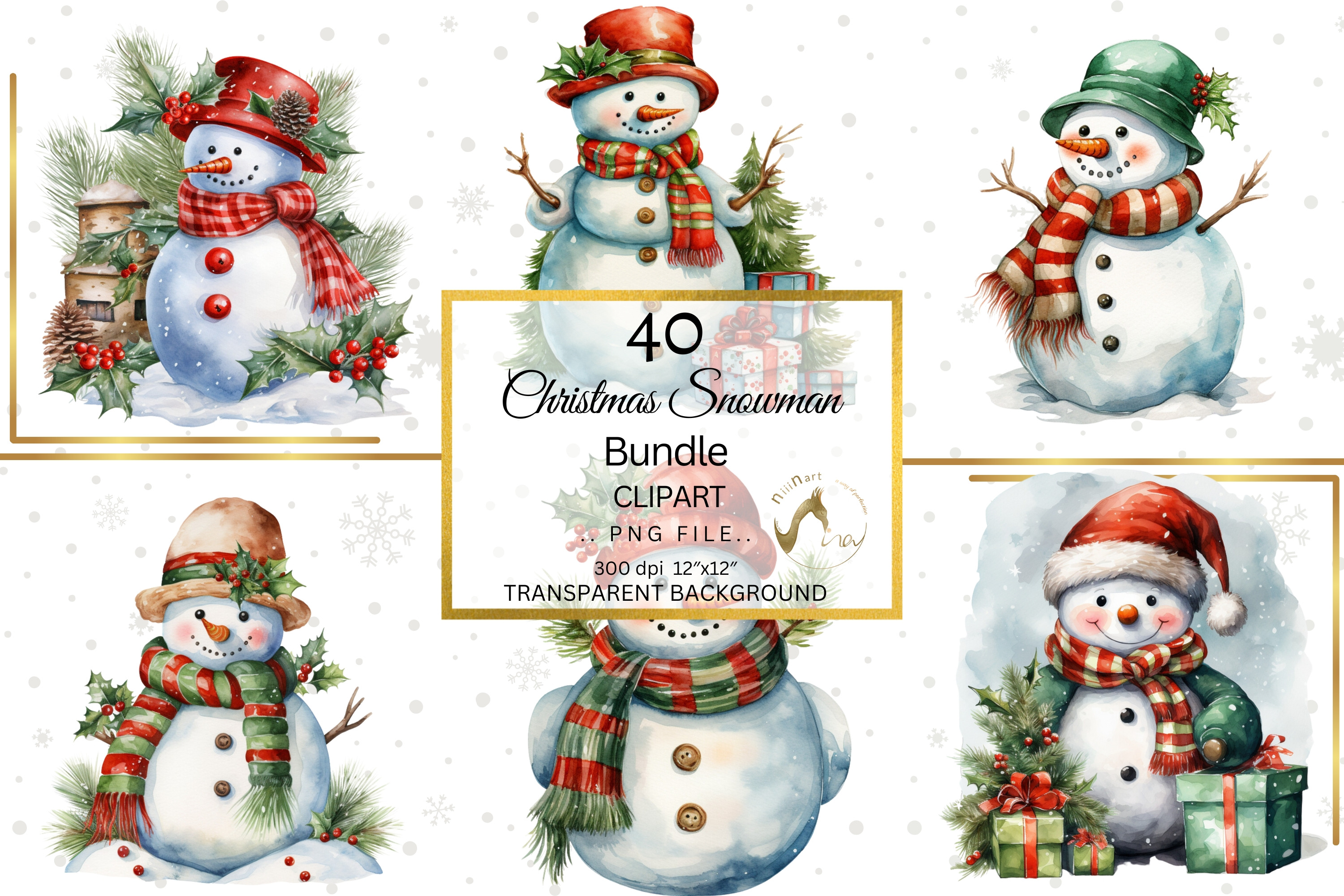 Watercolor Snowman Clipart Bundle, a Seasonal Illustration by NiiiNArt