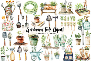 Gardening Tools Watercolor Clipart, an Illustration by Libby Wishes