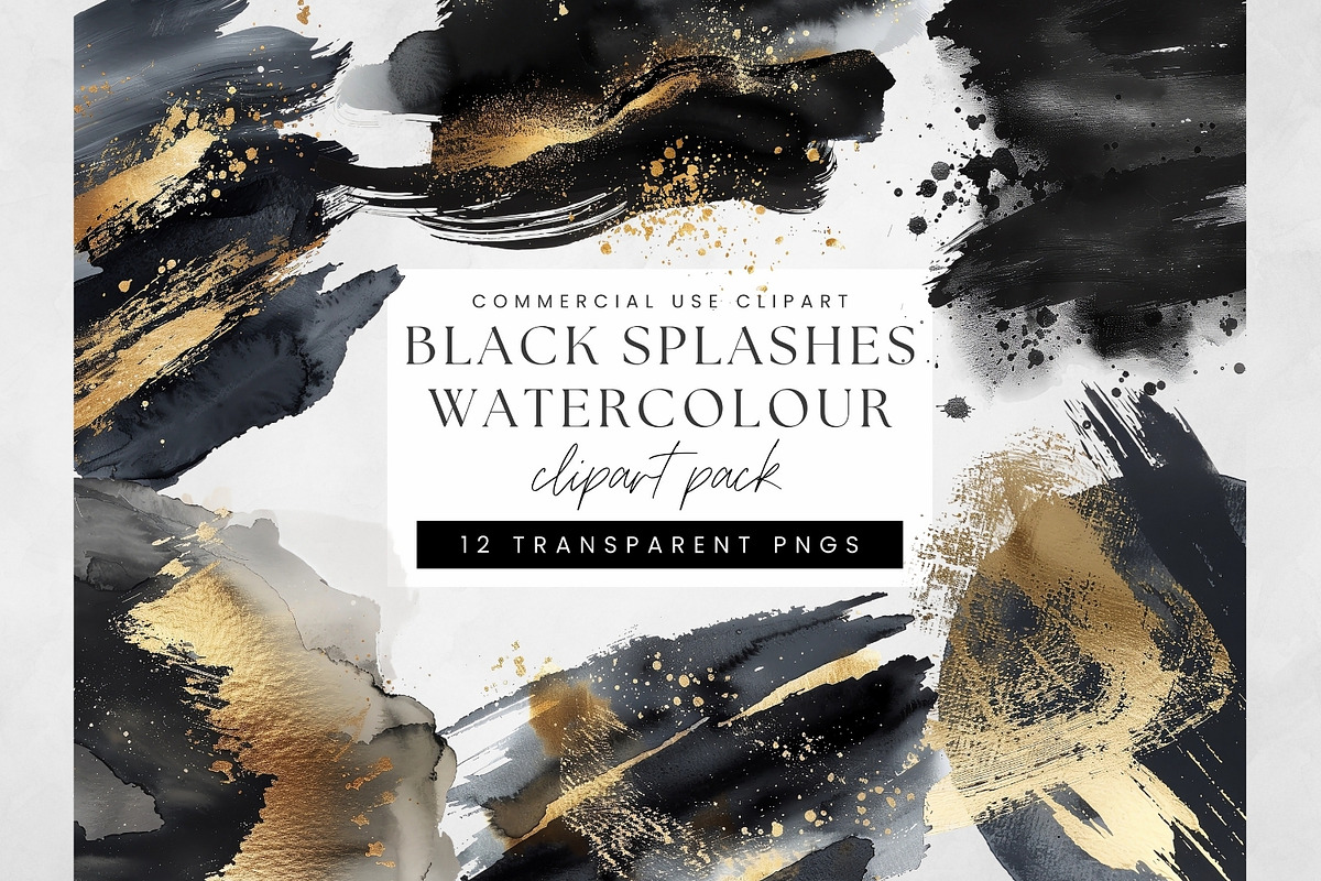 Black and Gold Watercolor Washes PNG, a Decorative Illustration by illuztrate (Photo 1 of 7)