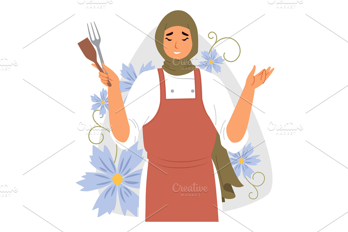 A culinary expert wearing a hijab, a Food Illustration by SiberianArt