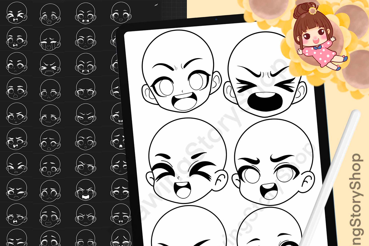 200 Procreate head chibi emote brush, a Brush Add-On by DrawingStoryShop