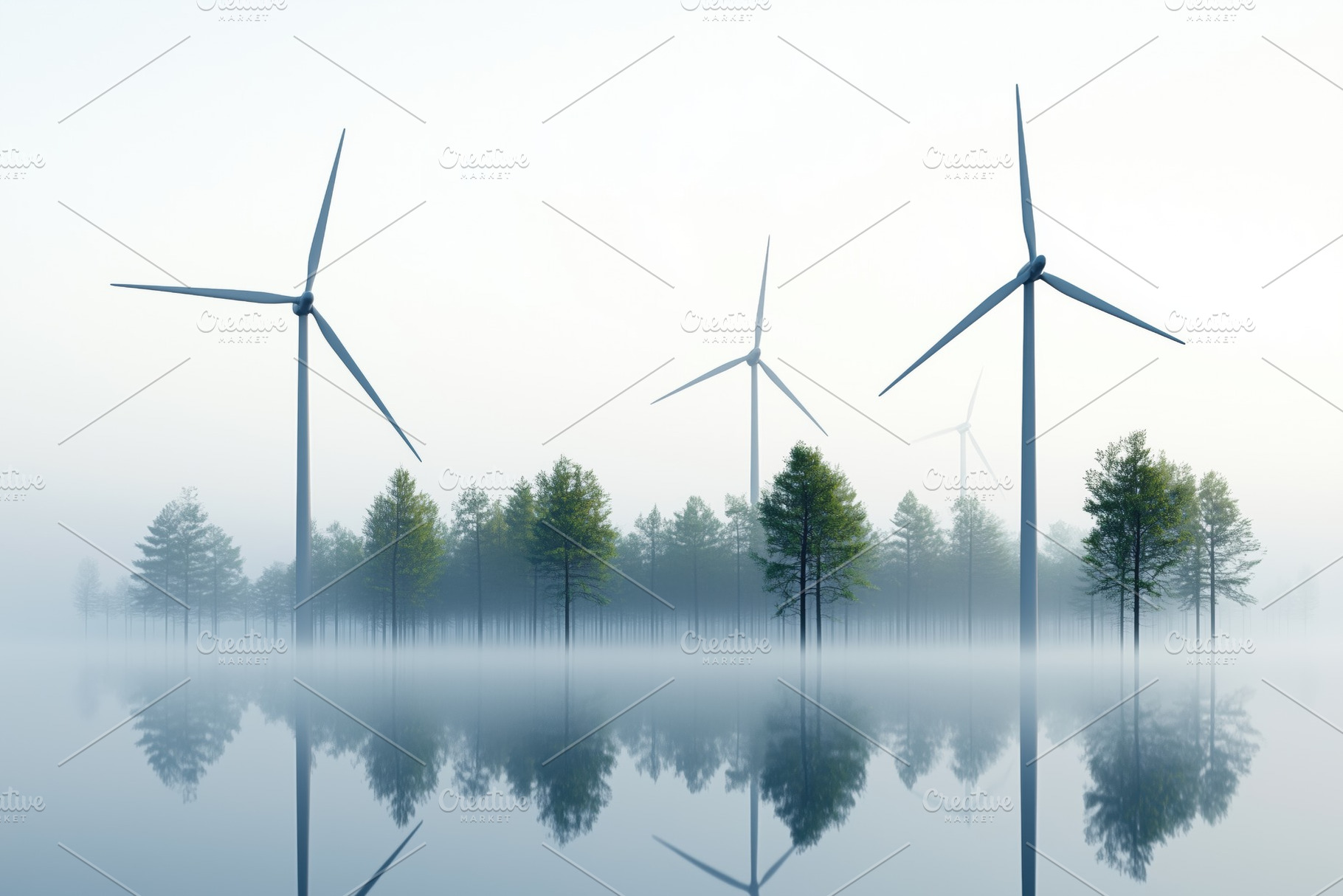 A serene landscape featuring wind turbines amidst a foggy forest. The scene ref, a Technology Photo by Textures & Backgrounds
