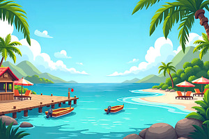 Island Pier With Boats And Seaside C, a Photo by LOGOCREATIVE