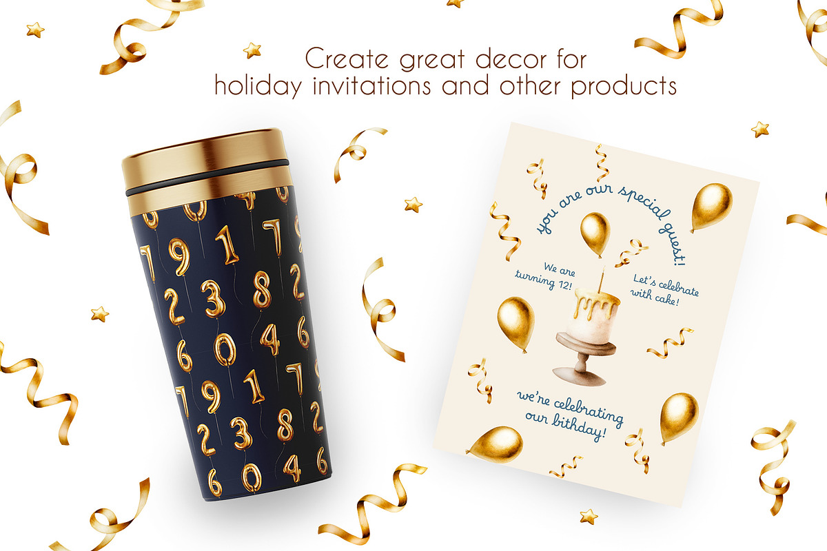 Golden birthday numbers watercolor, a Decorative Illustration by Navenzeles (Photo 6 of 6)