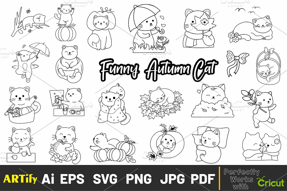 Funny Autumn Kawaii Cats Outline, an Animal Illustration by ARTify Illustrations (Photo 1 of 7)