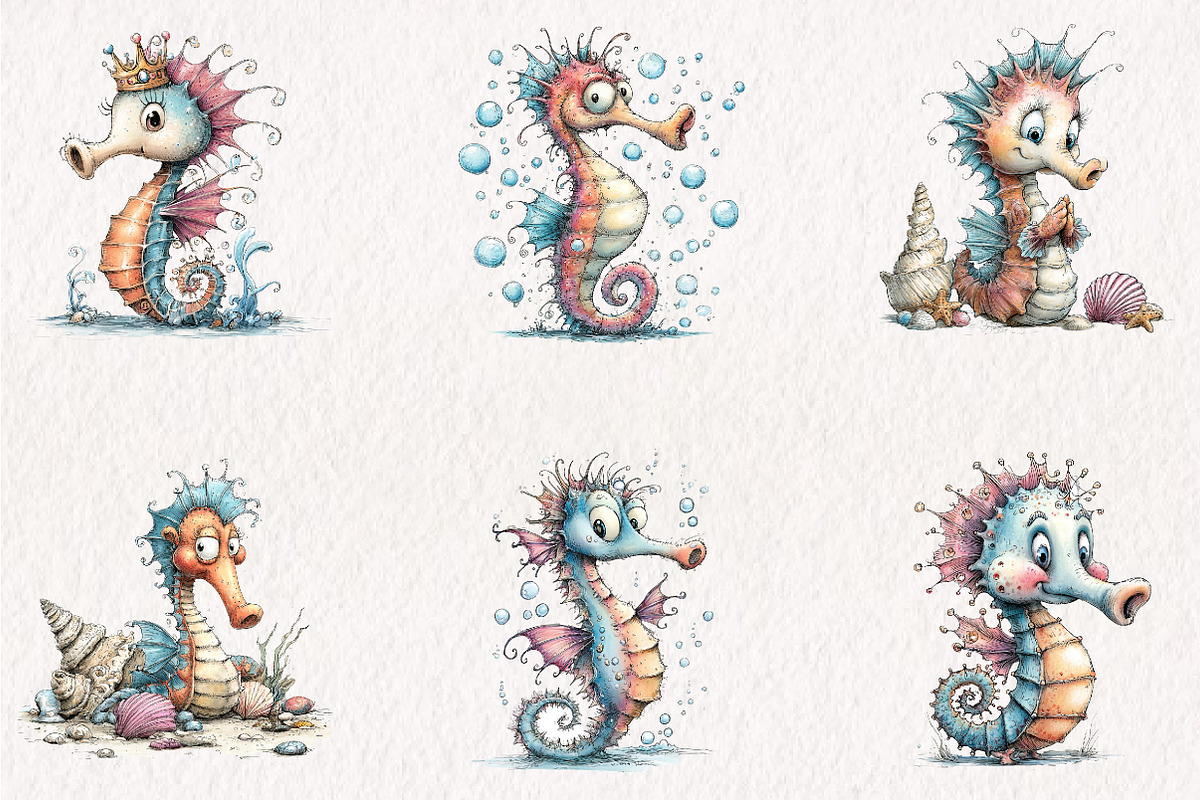 Whimsical Seahorse Clipart, a Seasonal Illustration by CreationArt (Photo 3 of 5)