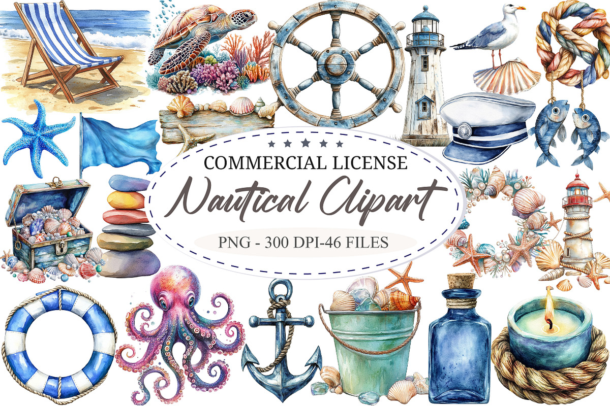 Watercolor Nautical Clipart, a Seasonal Illustration by designcity5 (Photo 1 of 5)