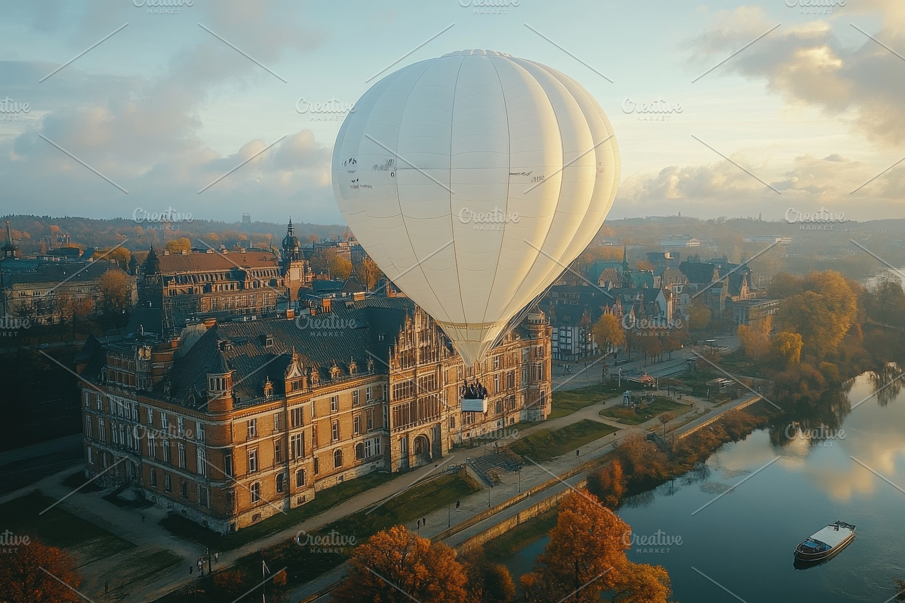 Hot air balloon floating over a hist, a Photo by Tanuart