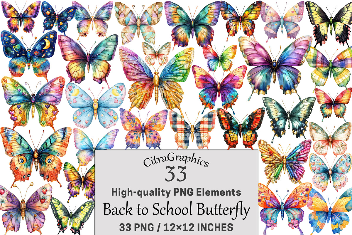 Back to School Butterfly Clipart, a Seasonal Illustration by CitraGraphics (Photo 1 of 6)