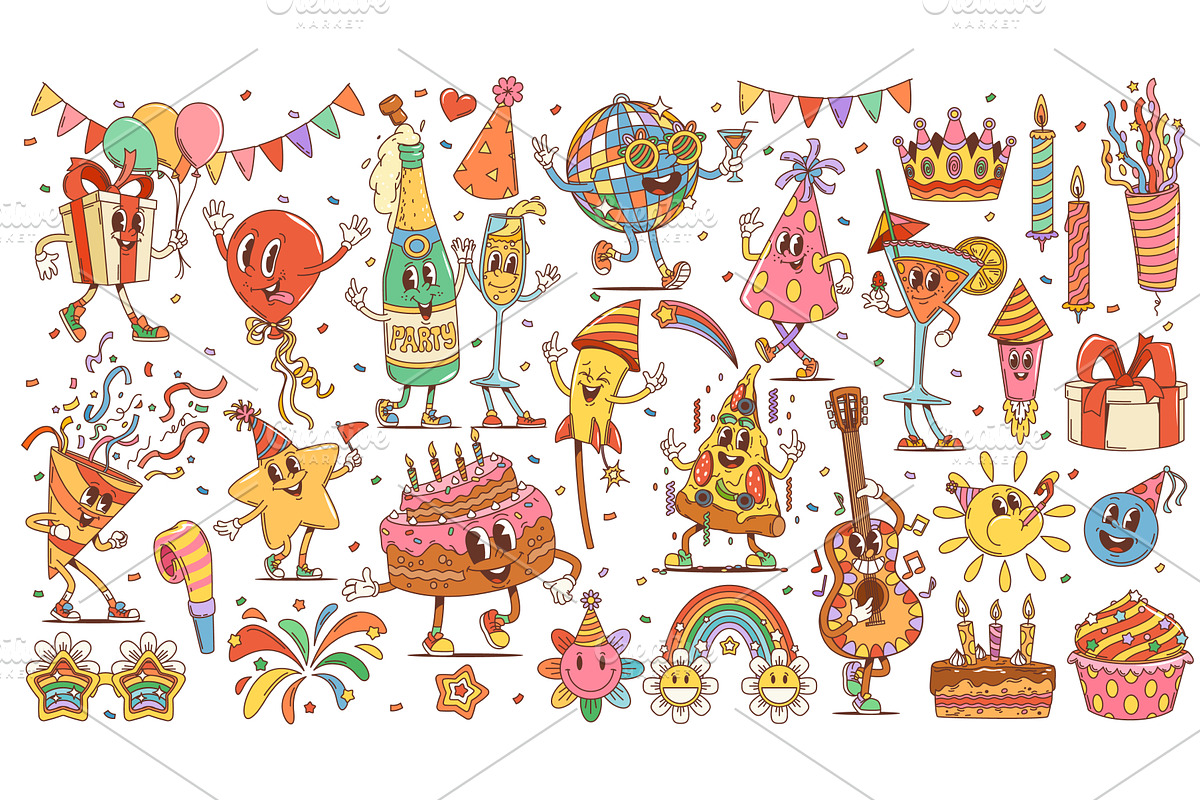 Retro birthday party characters, an Object Illustration by Vector Tradition