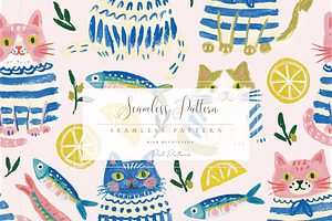 Seamless Cute Cat and Fish Pattern, a Pattern Graphic by Pati Charm Studio