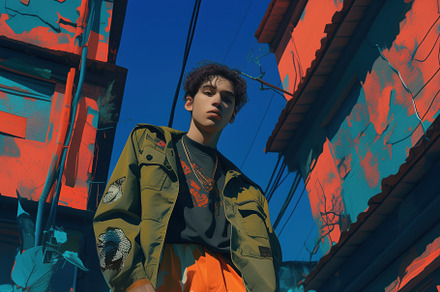 A young man stands confidently in an urban alley, wearing an olive green jacket, a Wallpaper Graphic by Textures & Backgrounds