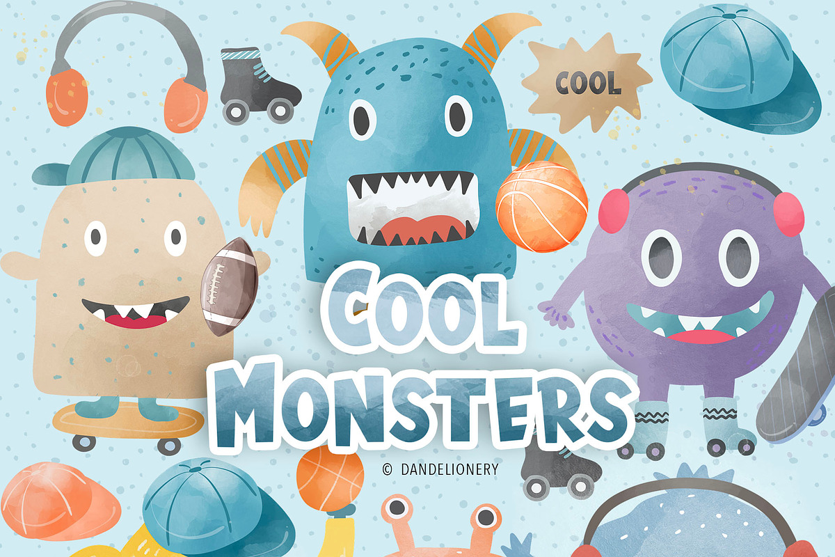 Watercolor Cool Monsters design, a Sport Illustration by designloverstudio (Photo 3 of 3)