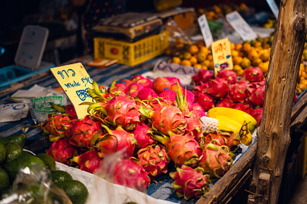 Tropical fruits in fruit market at night streetfood market, a Food & Drink Photo by Art Rachen