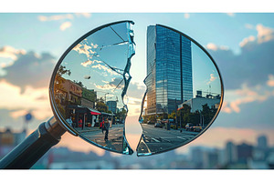 Broken motorcycle mirror reflecting, an Architecture Photo by Igor Tichonow
