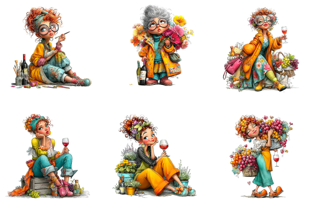 Funny Wine Lady Clipart Bundle PNG, a Seasonal Illustration by CreationArt (Photo 2 of 5)