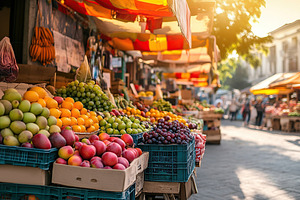 Vibrant summer market featuring ripe fruits and colorful fabric, a Food & Drink Photo by AlyaAnd