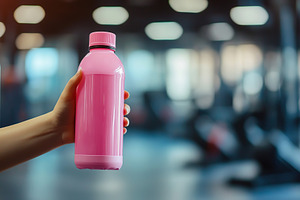 Hand holds a pink reusable sports bottle in a fitness center dur, a Food & Drink Photo by AlyaAnd