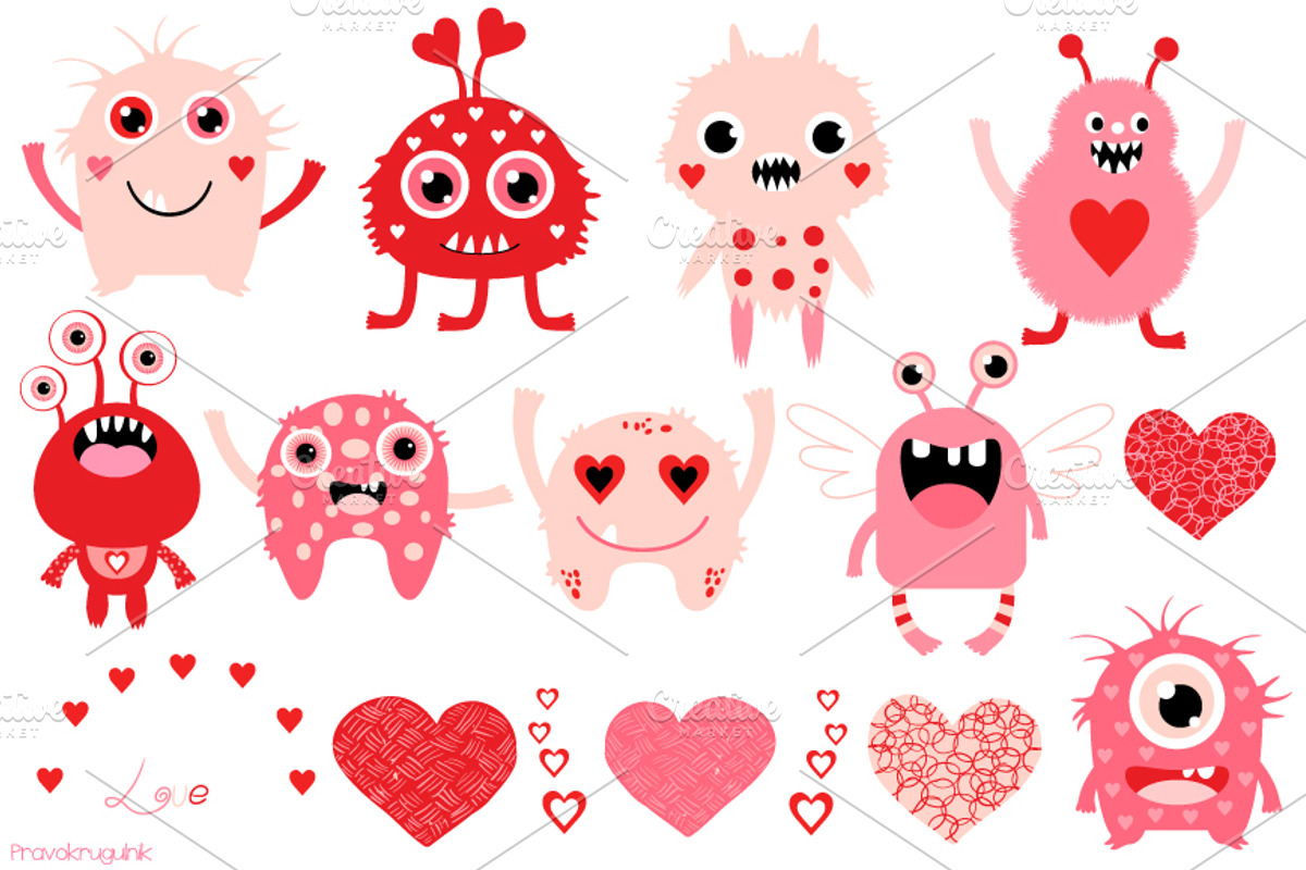Valentine monsters love set, an Animal Illustration by Pravokrugulnik (Photo 2 of 2)