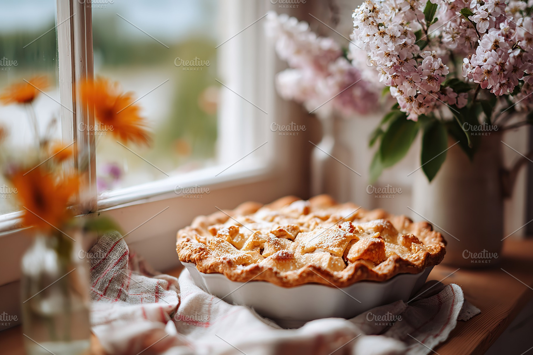 Delicious pie on a rustic window table with blooming flowers and checked fabric, a Food & Drink Photo by AlyaAnd