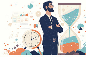 Businessman surrounded by charts, clock and hourglass imagery, an Illustration by AS photostudio