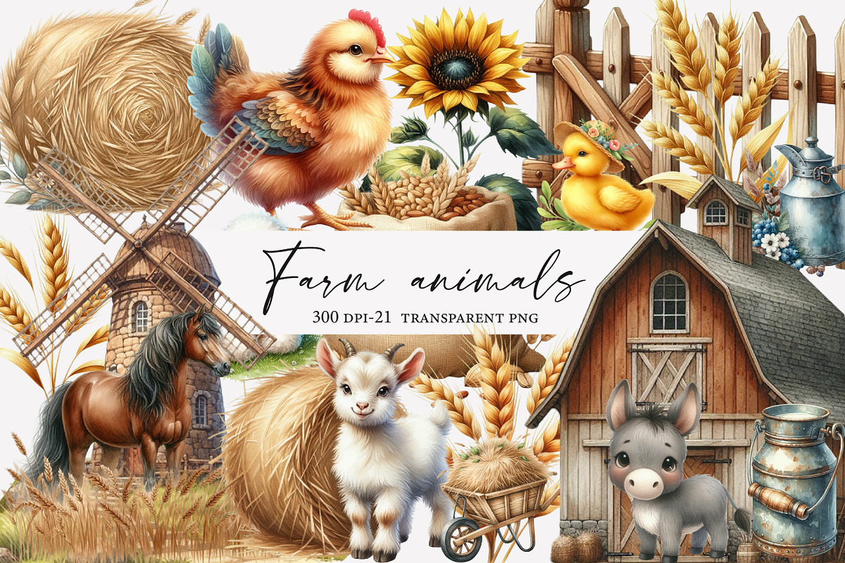 Farm animals watercolor  clipart, an Illustration by Designworld (Photo 1 of 6)